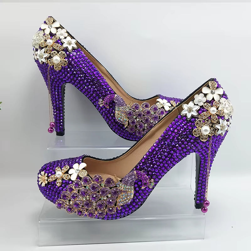Baoyafang Purple Crystal Bridal Women Wedding Shoes Bride High Heels Platform Shoes Woman Party Dress Shoes Female High Pumps