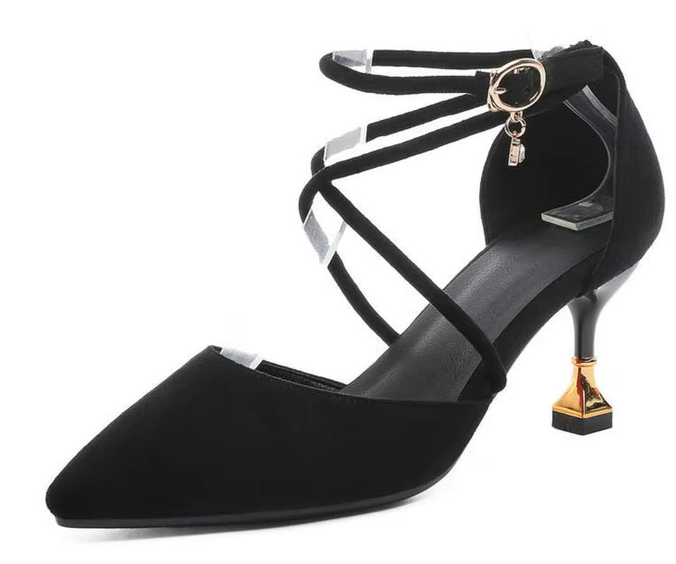 Women Pumps Pointed Toe Flock Square High Heel Bead Buckle Strap Hollow Anti-Skid Fashion Ladies Sandals