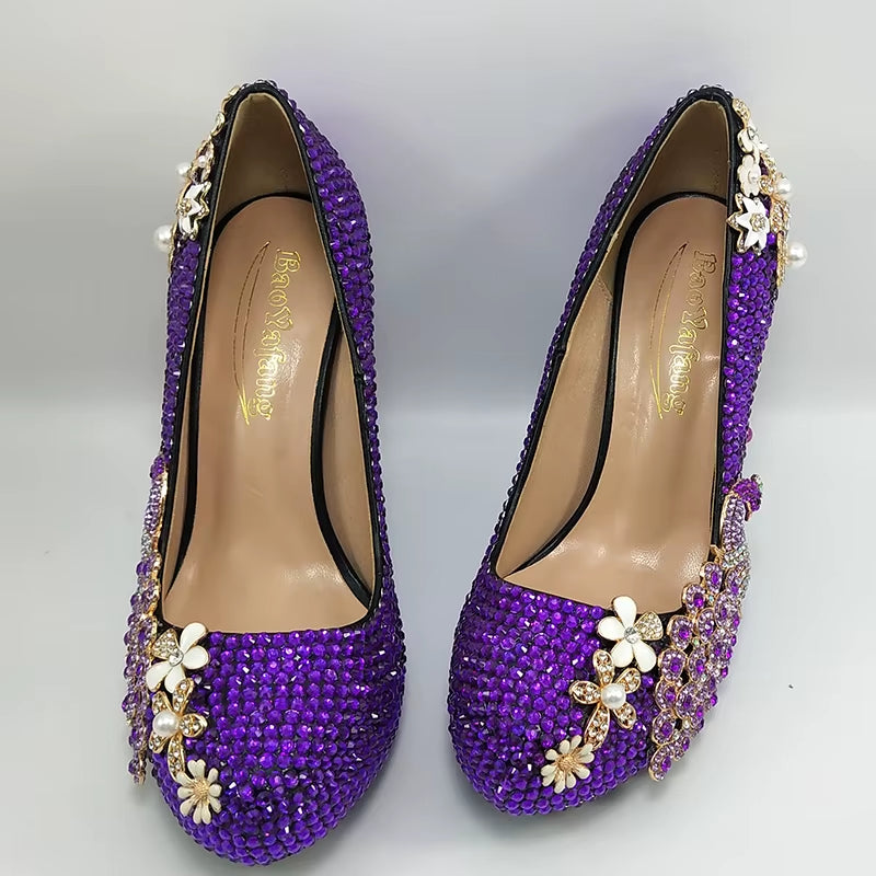 Baoyafang Purple Crystal Bridal Women Wedding Shoes Bride High Heels Platform Shoes Woman Party Dress Shoes Female High Pumps