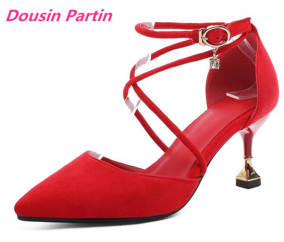 Women Pumps Pointed Toe Flock Square High Heel Bead Buckle Strap Hollow Anti-Skid Fashion Ladies Sandals