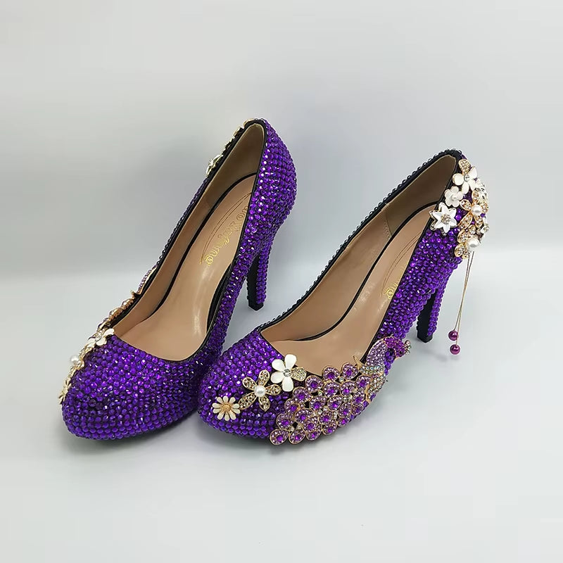 Baoyafang Purple Crystal Bridal Women Wedding Shoes Bride High Heels Platform Shoes Woman Party Dress Shoes Female High Pumps